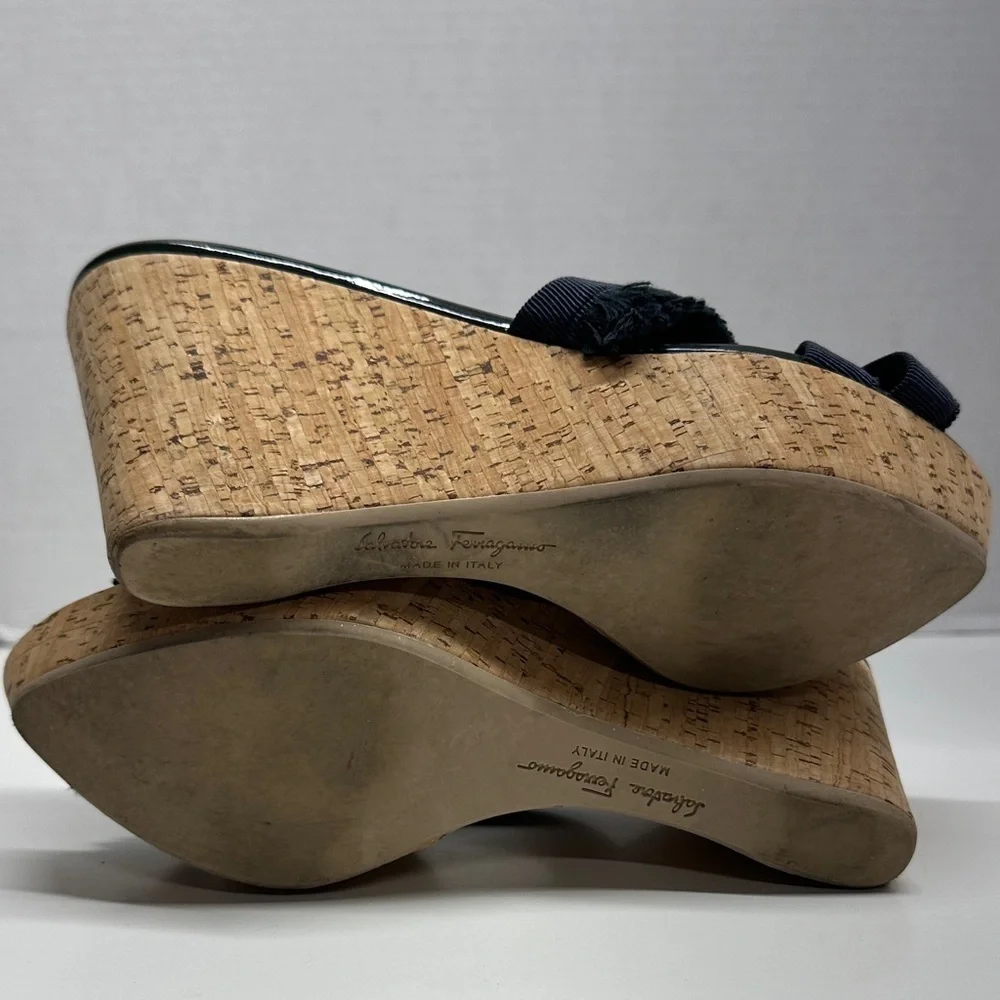 Salvatore Ferragamo Wedges High Heeled Sandals Shoes Frayed Ribbon Blue 6.5